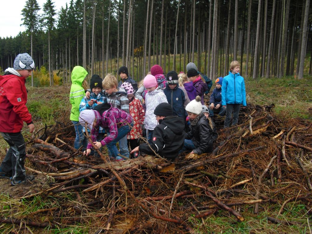 Das Bild zeigt die Kinder beim Bau des Vogelnestes 