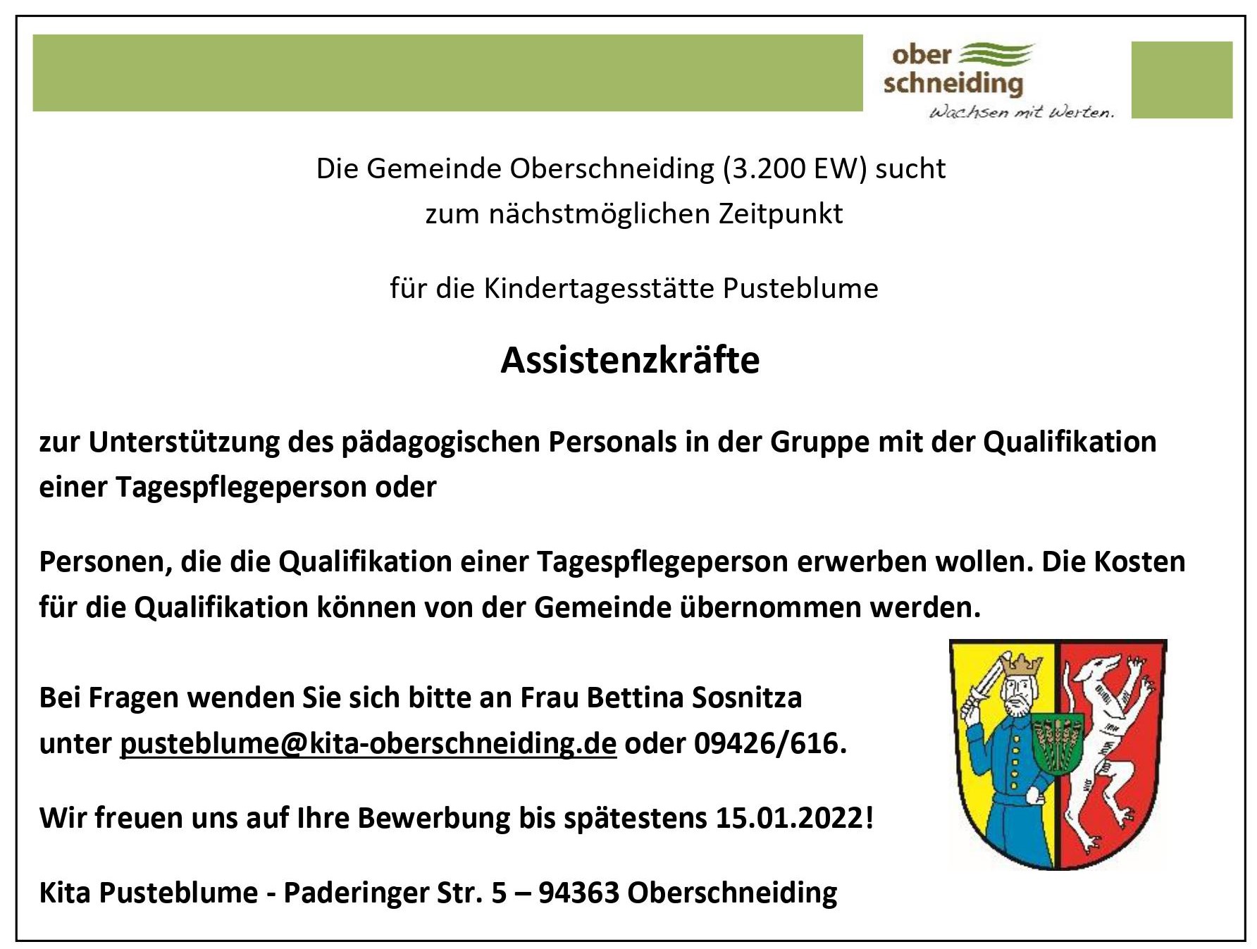 Stellenanzeige Kita Assistenzkräfte Dezember 2021