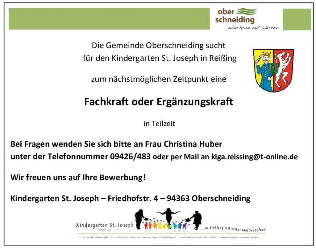  Stellenausschreibung für den Kindergarten St. Joseph in Reißing Motiv 